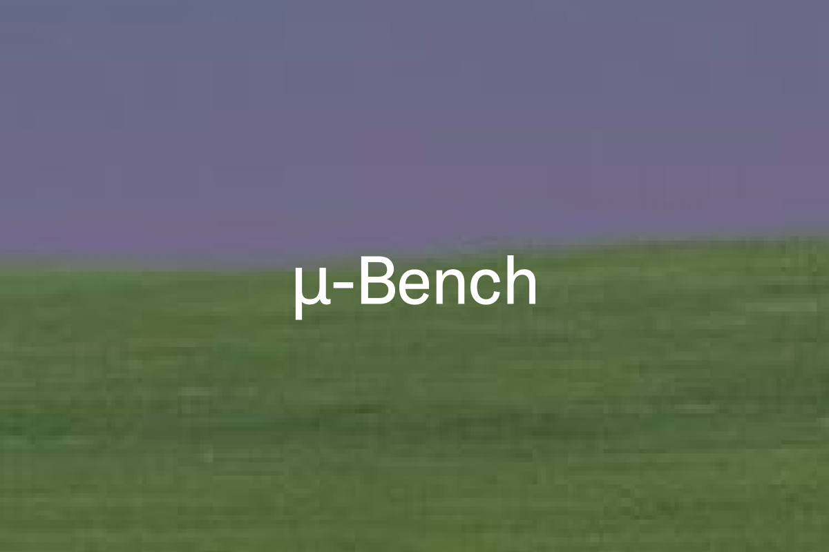 The text "μ-Bench" on a background of purple sky and green grass.