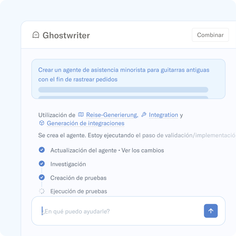 Ghostwriter muestra la creación de un agente de asistencia minorista de IA para guitarras antiguas, con el proceso de compilación en curso y las pruebas actualmente en ejecución.