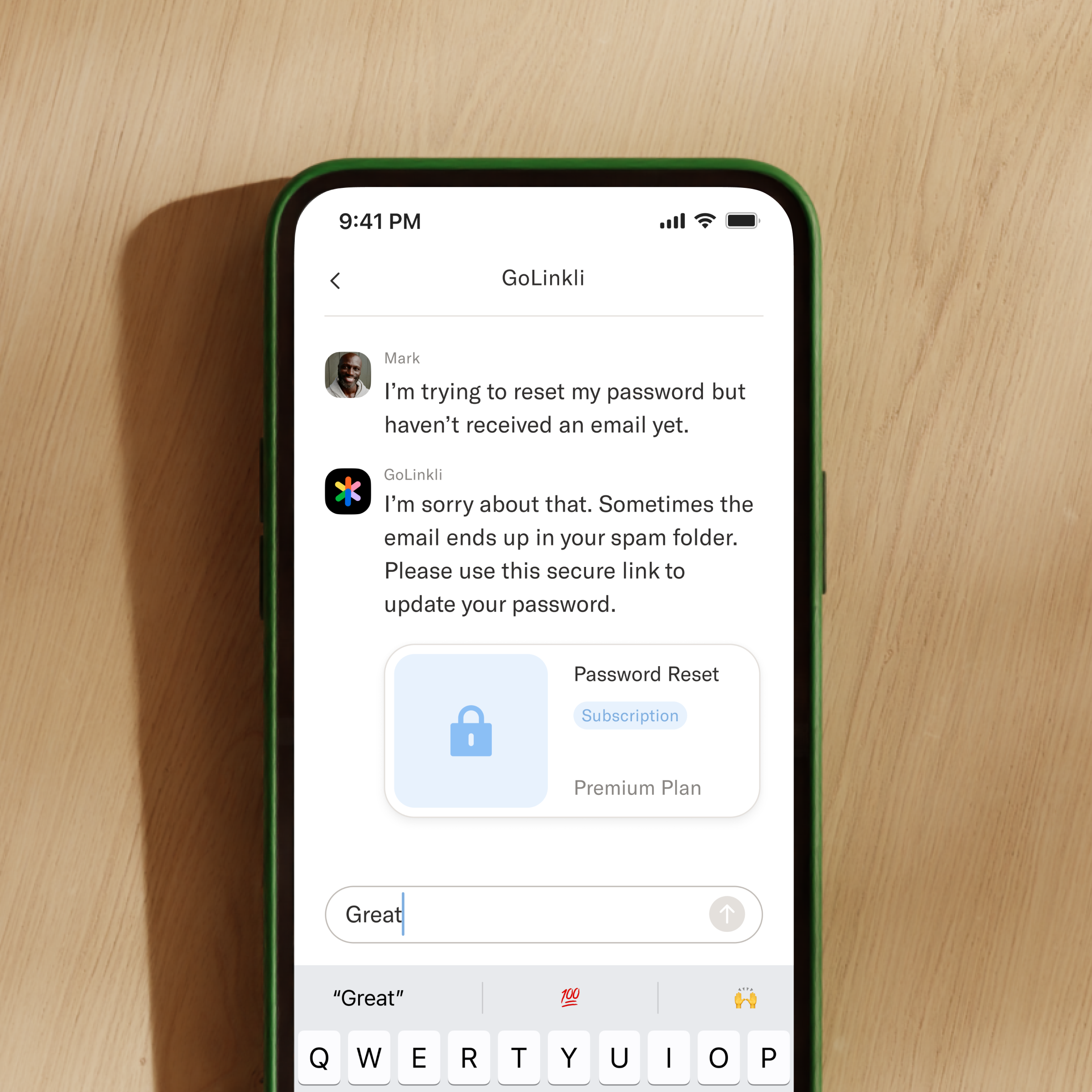 A smartphone screen displays a customer service chat where a user requests an upgrade to a Pro plan, and the company confirms the subscription change.