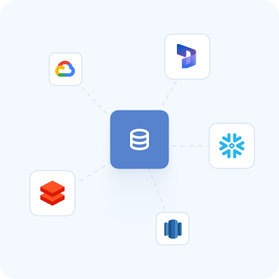 Ein Datenbanksymbol, das mit Logos von Google Cloud, Databricks, Snowflake, Redis und AWS verbunden ist.