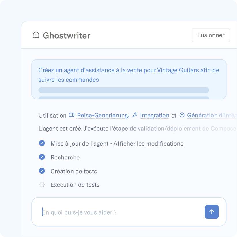 Ghostwriter montrant la création d’un agent d’assistance client IA pour Vintage Guitars, avec le processus de configuration en cours et des tests actuellement en cours d’exécution.