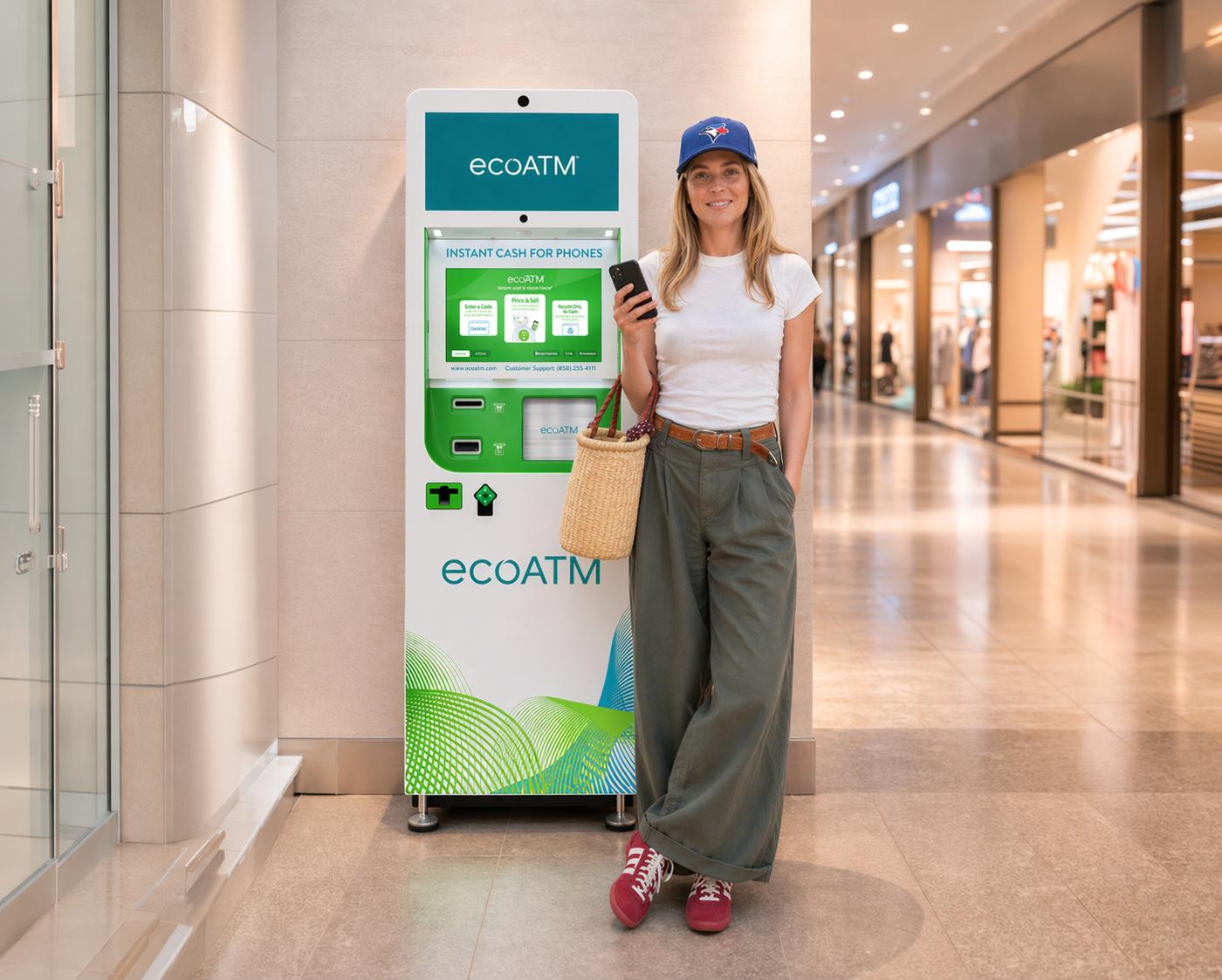 A woman in a baseball cap stands holding a phone beside an ecoATM machine displaying "Instant Cash for Phones" in a mall.