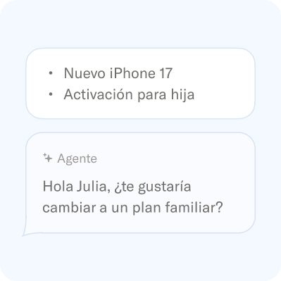 Chat sobre cómo activar un nuevo iPhone 17S para una hija, con un agente que sugiere un plan familiar.