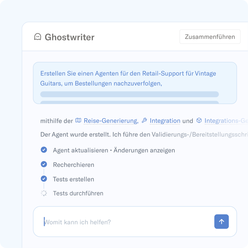 Ghostwriter zeigt die Erstellung eines KI-Retail-Support-Agenten für Vintage Guitars, wobei der Entwicklungsprozess bereits läuft und Tests aktuell in Gang sind.