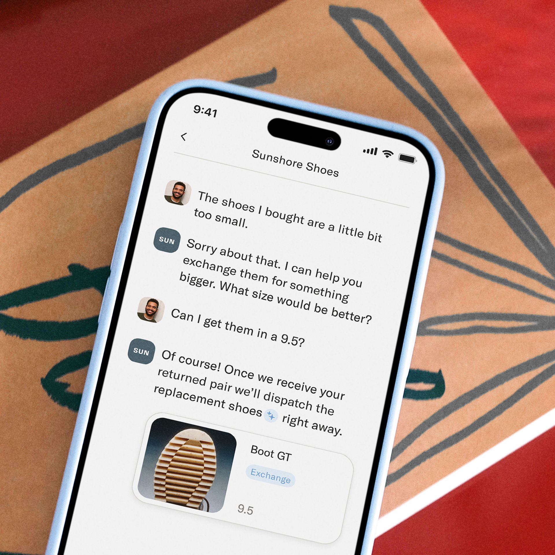 iPhone screen featuring Sierra AI agent helping a customer exchange shoes using natural, conversational language. 