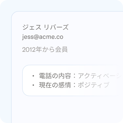 Jess Rivers(jess@acme.co)のユーザープロフィール。2012年からのメンバーで、問い合わせ理由は「アクティベーション」、現在の感情は「ポジティブ」です。