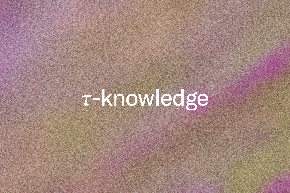 Text "τ-knowledge" in white, with a glowing 'e', against a grainy, abstract background of shifting pink, purple, and green tones.