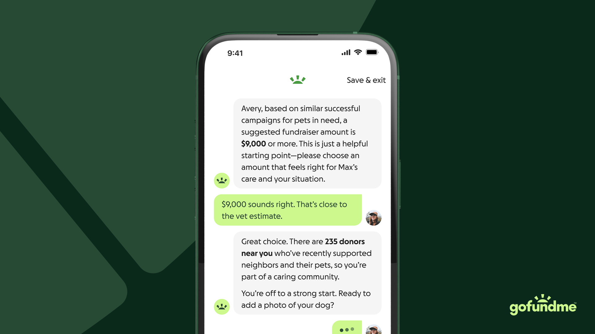 A smartphone displaying the GoFundMe app's chat interface about setting up a $9,000 pet fundraiser and mentioning local donors.