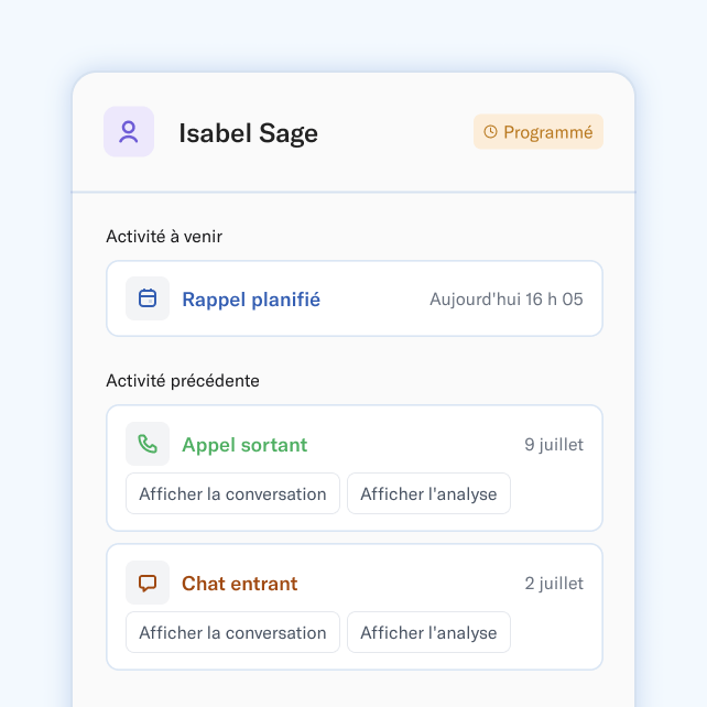A white card on a blue background, that says Isabel Sage at the top, with three sections: Callback scheduled; Outbound call; and Inbound chat