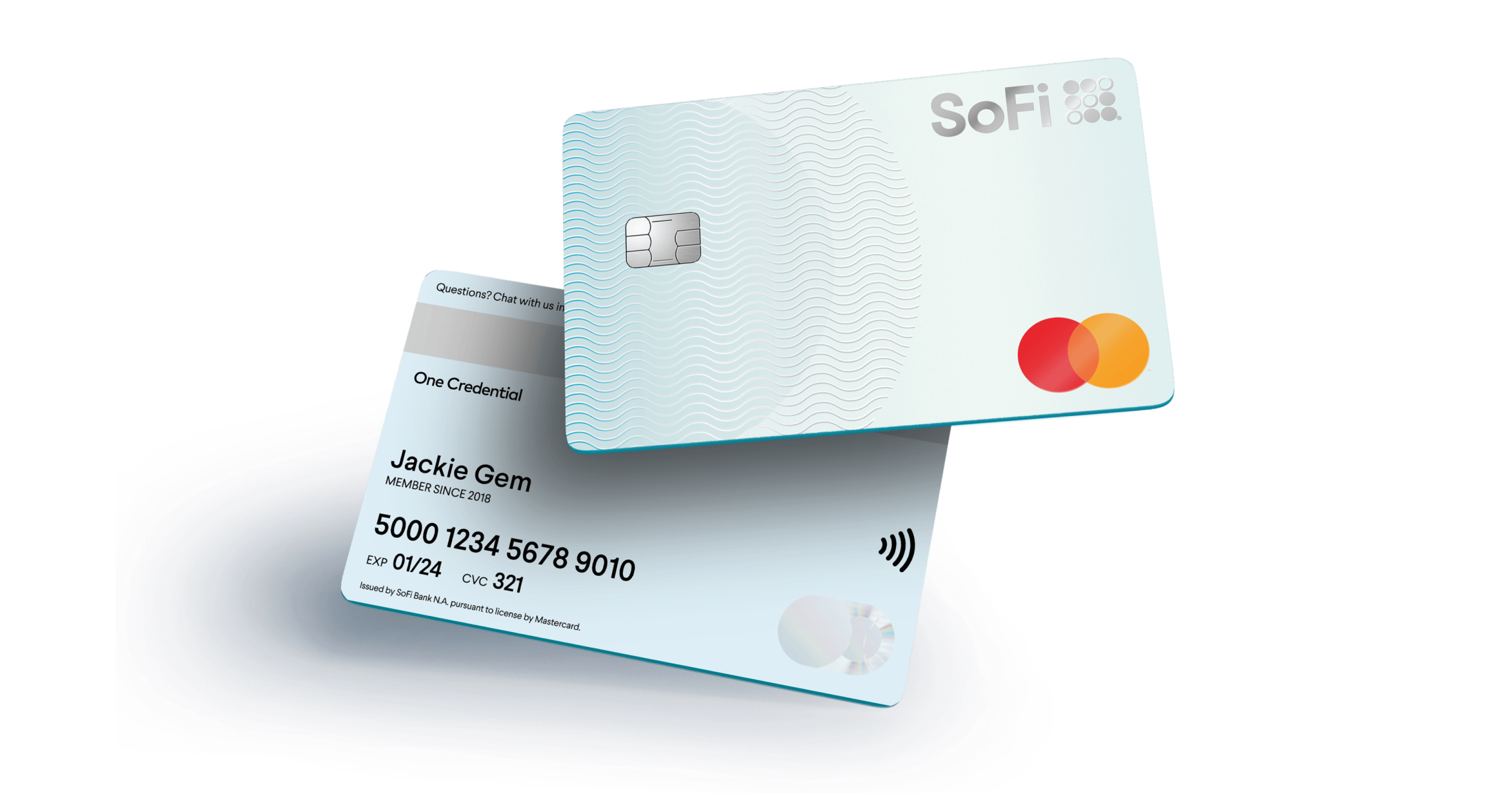 Two light blue SoFi Mastercard credit cards, one face up and one face down.