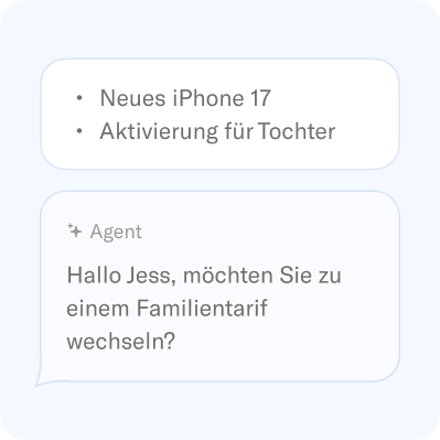 Chat über die Aktivierung eines neuen iPhone 17S für eine Tochter, wobei ein Agent einen Familientarif vorschlägt.