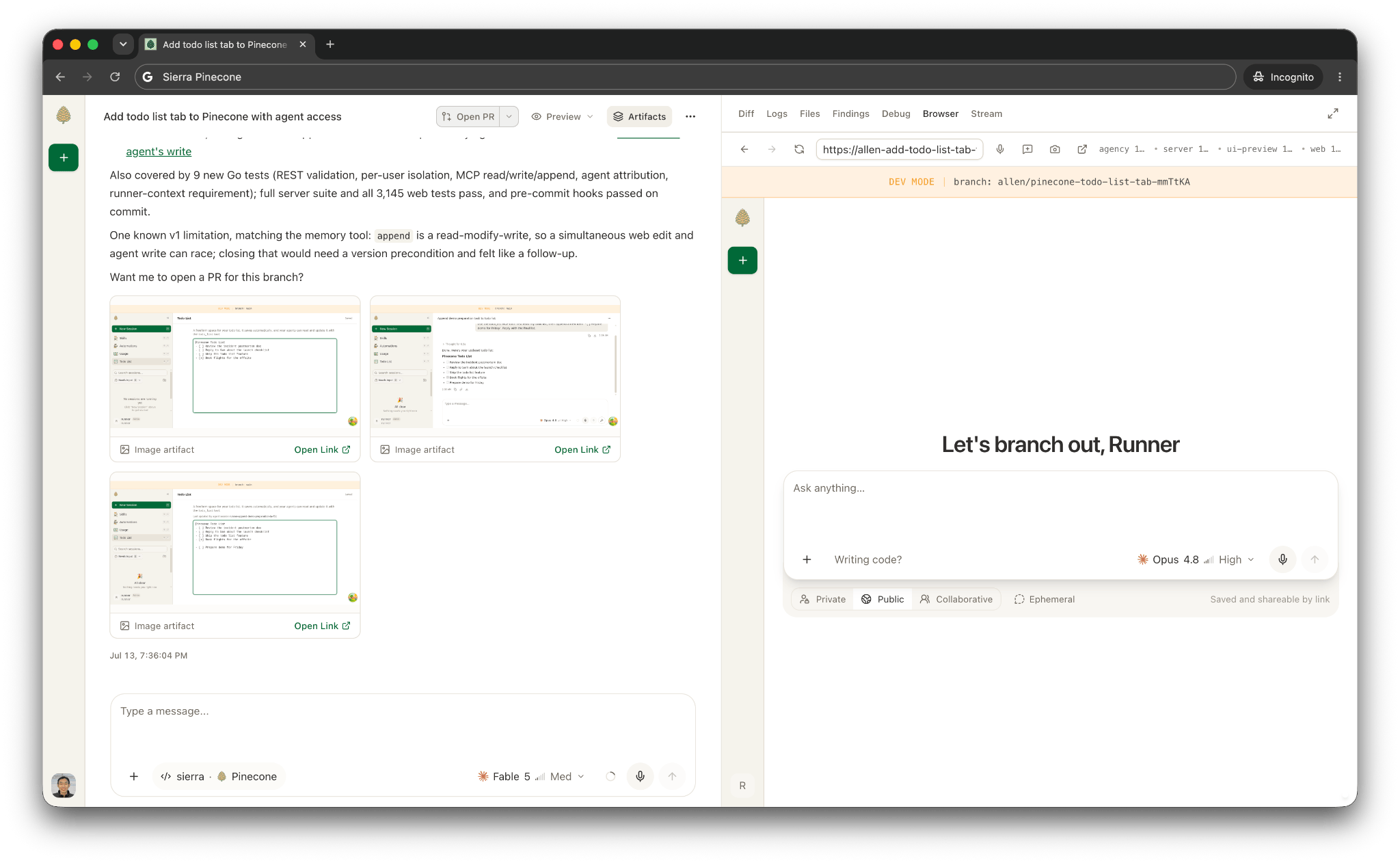 Screenshot of a Pinecone agent creating a todo list on the left side, with a prompt screen on the right side that says "Let's branch out, Runner"