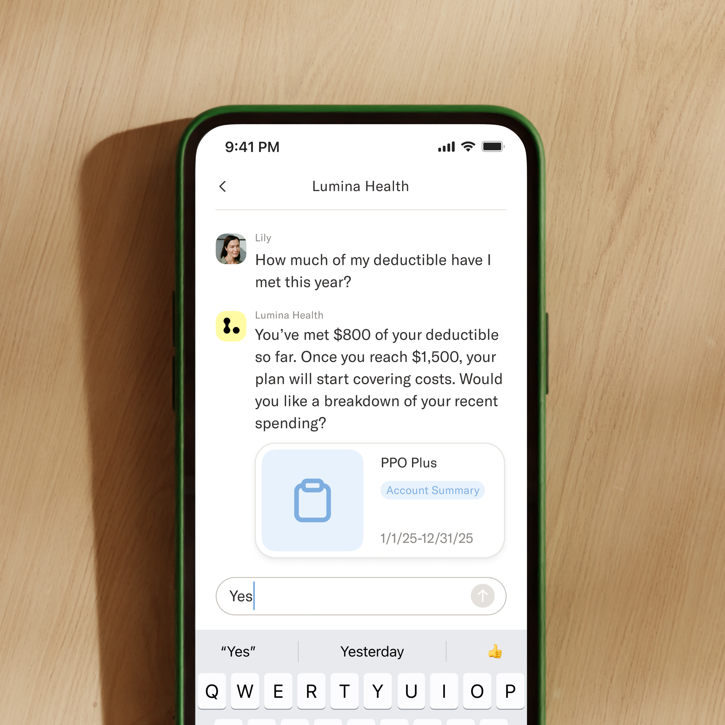 A smartphone screen displays a customer service chat where a user asks how much of their deductible they have met, and the agent responds with the amount they have met so far and how much they have left.