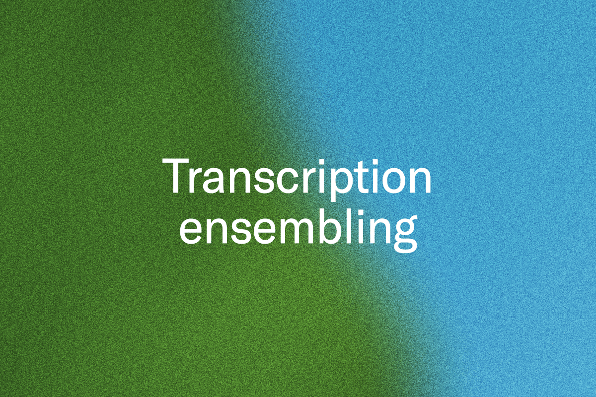 White text "Transcription ensembling" on a grainy green and blue split background.