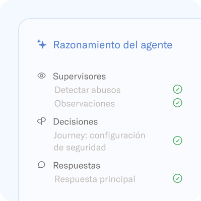 Panel de razonamiento del agente que enumera supervisores, decisiones y respuestas, cada uno marcado como completado con una marca de verificación verde.