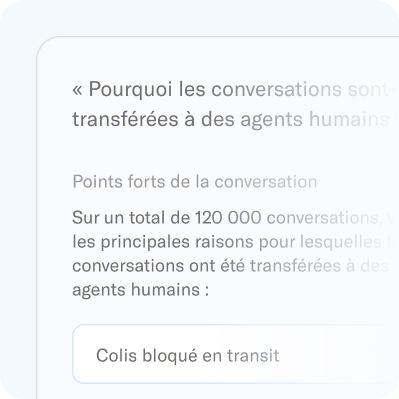Rapport indiquant « Pourquoi les conversations sont-elles transférées à des agents humains ? » et répertoriant « Colis bloqué en transit » comme motif dans 120 000 conversations.