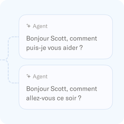 Deux bulles de discussion d’agents s’adressant à Scott : « Salut Scott, comment puis-je t’aider ? » et « Bonjour Scott, comment vas-tu ce soir ? »