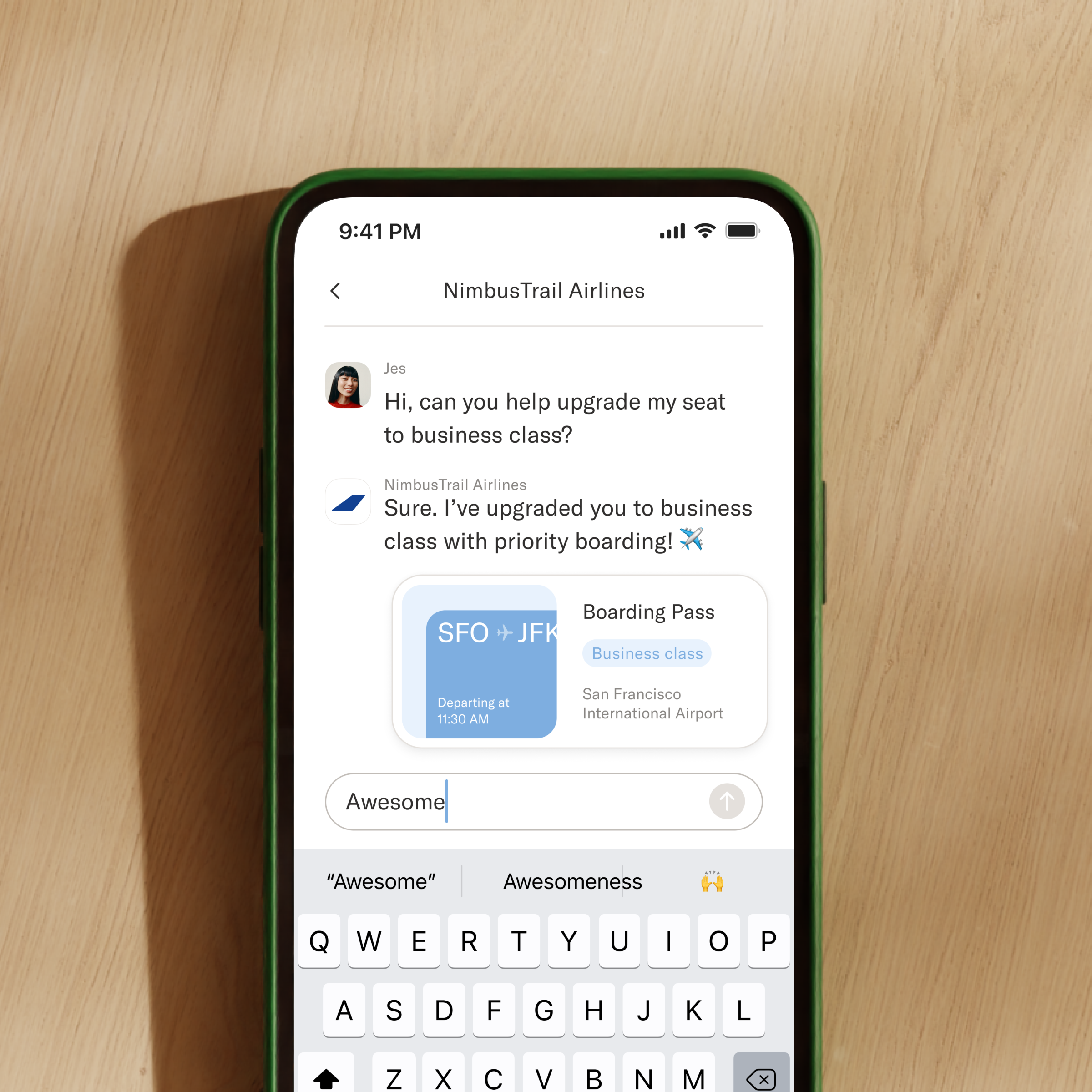 A smartphone screen displays a customer service chat where a user requests a business class upgrade, and the agent confirms the upgrade with a digital boarding pass.