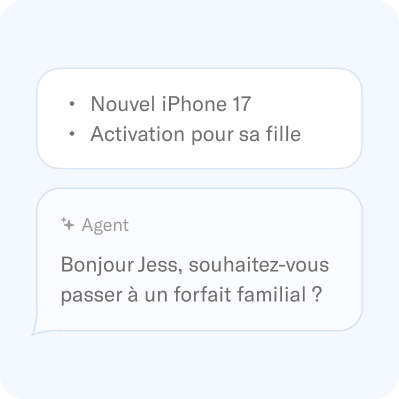 Discussion sur l’activation d’un nouvel iPhone 17S pour une fille, avec un conseiller qui propose un forfait familial.