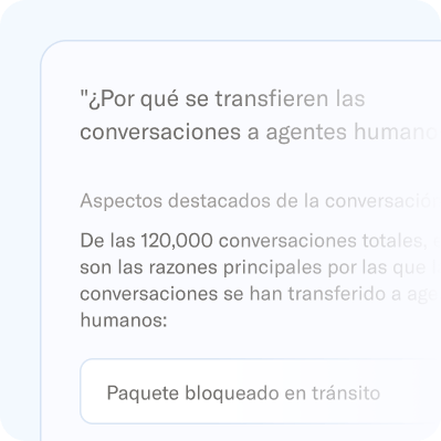 Informe que pregunta «¿Por qué las conversaciones se transfieren a agentes humanos?» y muestra «Paquete bloqueado en tránsito» como una razón de 120 000 conversaciones.