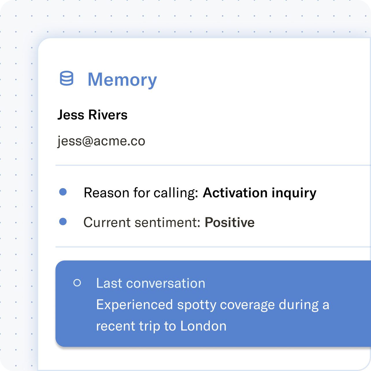 Customer profile summary for Jess Rivers, showing reason for calling as 'Activation inquiry', current sentiment as 'Positive', and a note about 'spotty coverage during a recent trip to London'.