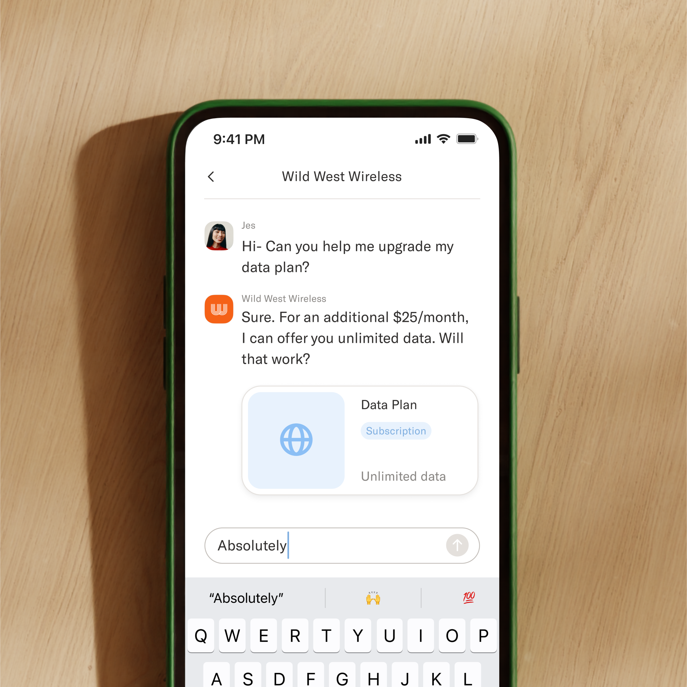 Image of a phone showing a chat discussion between a customer asking about upgrading their data plan and a customer service agent responding that they can for an additional cost.