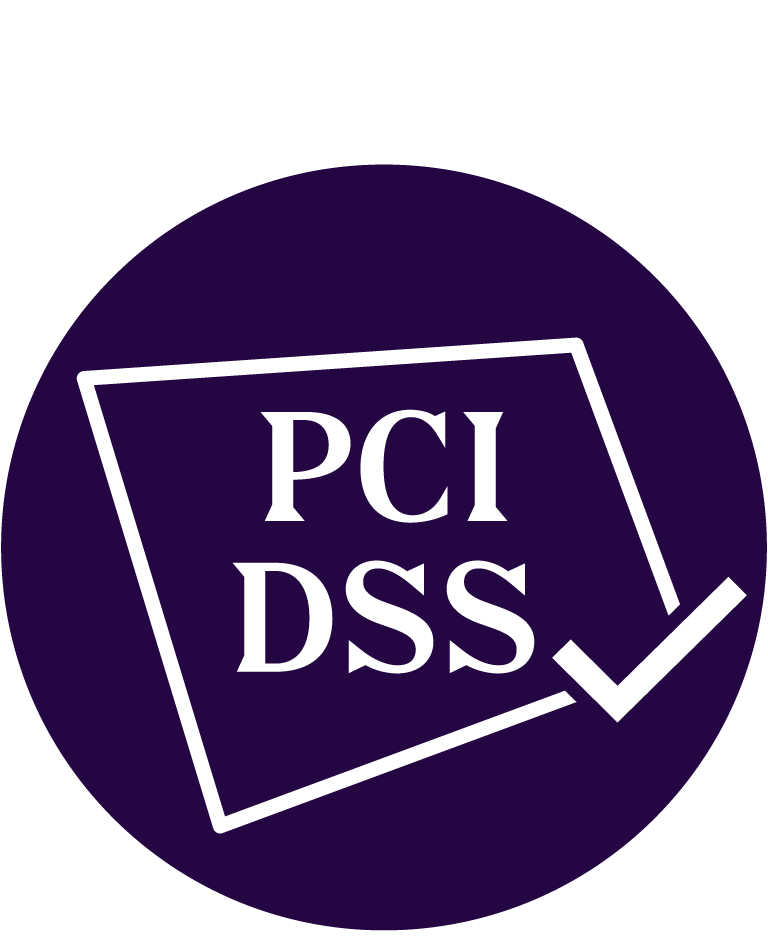 PCI DSS logo with checkmark on purple background.