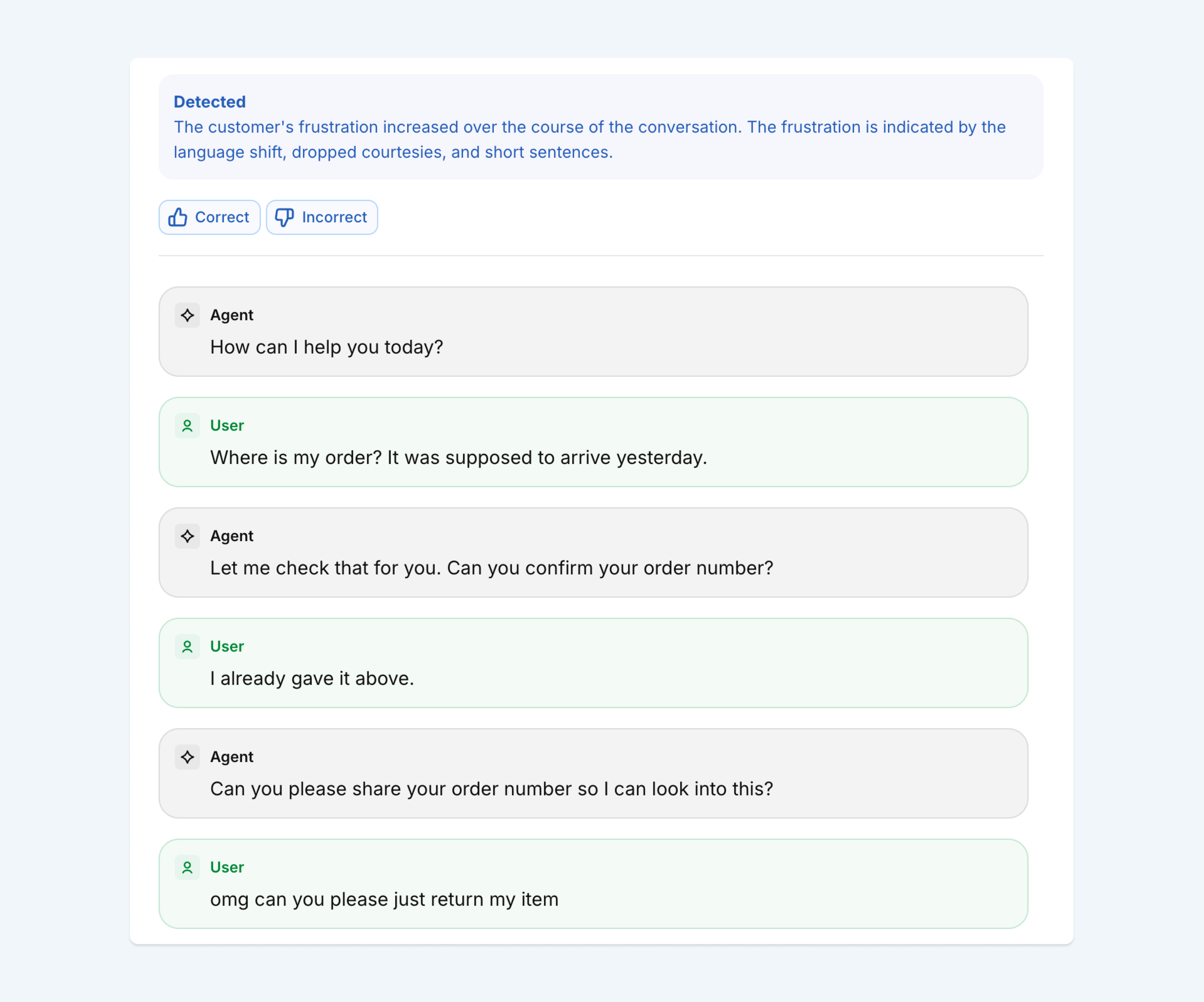 A customer service chat interface where a system detects and highlights increasing user frustration.