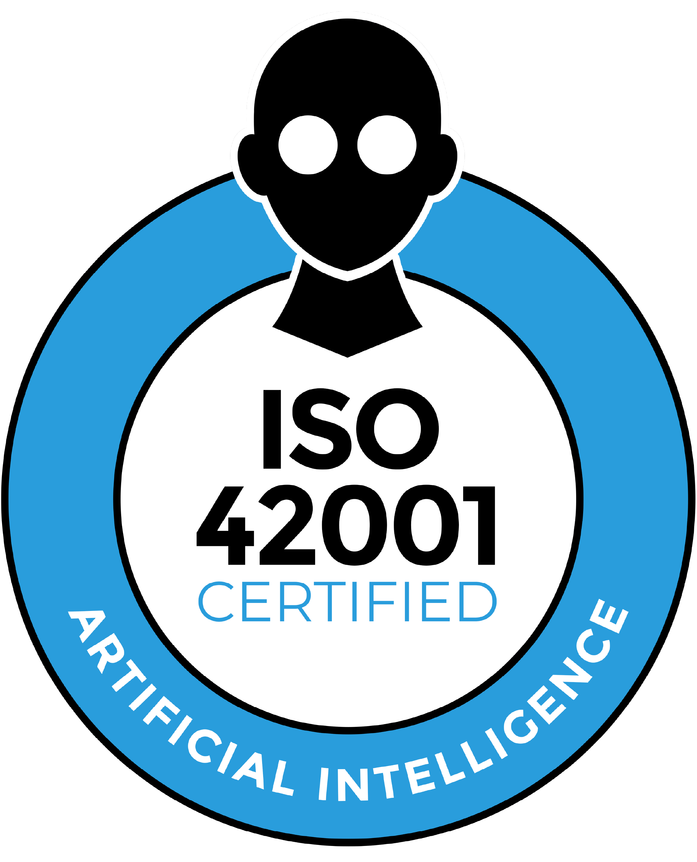 ISO 42001 Artificial Intelligence Certified logo, featuring a stylized human silhouette.