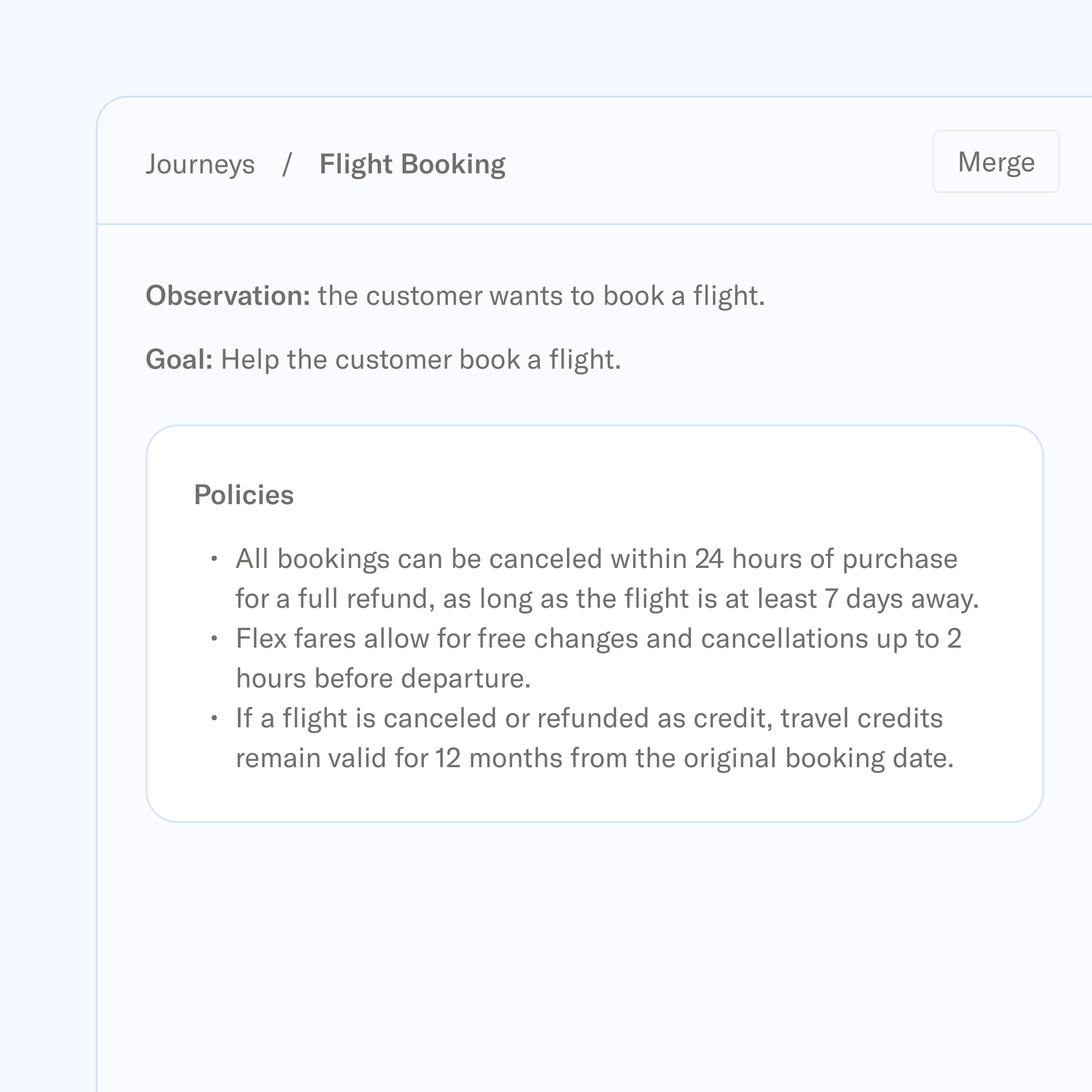 A user interface for flight booking, detailing customer intent, an action goal, and a list of booking policies.
