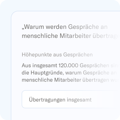 Bericht mit der Frage "Warum werden Gespräche an menschliche Mitarbeitende weitergeleitet?" und der Angabe "Paket hängt im Versand fest" als Grund aus 120.000 Gesprächen identifiziert.