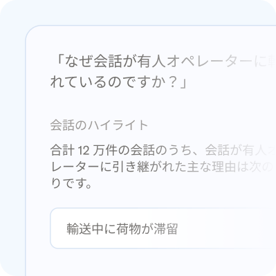 「なぜ会話が人間のオペレーターに引き継がれているのか」を問い、12万件の会話から「荷物が輸送中のまま動かない」という理由を挙げているレポート。
