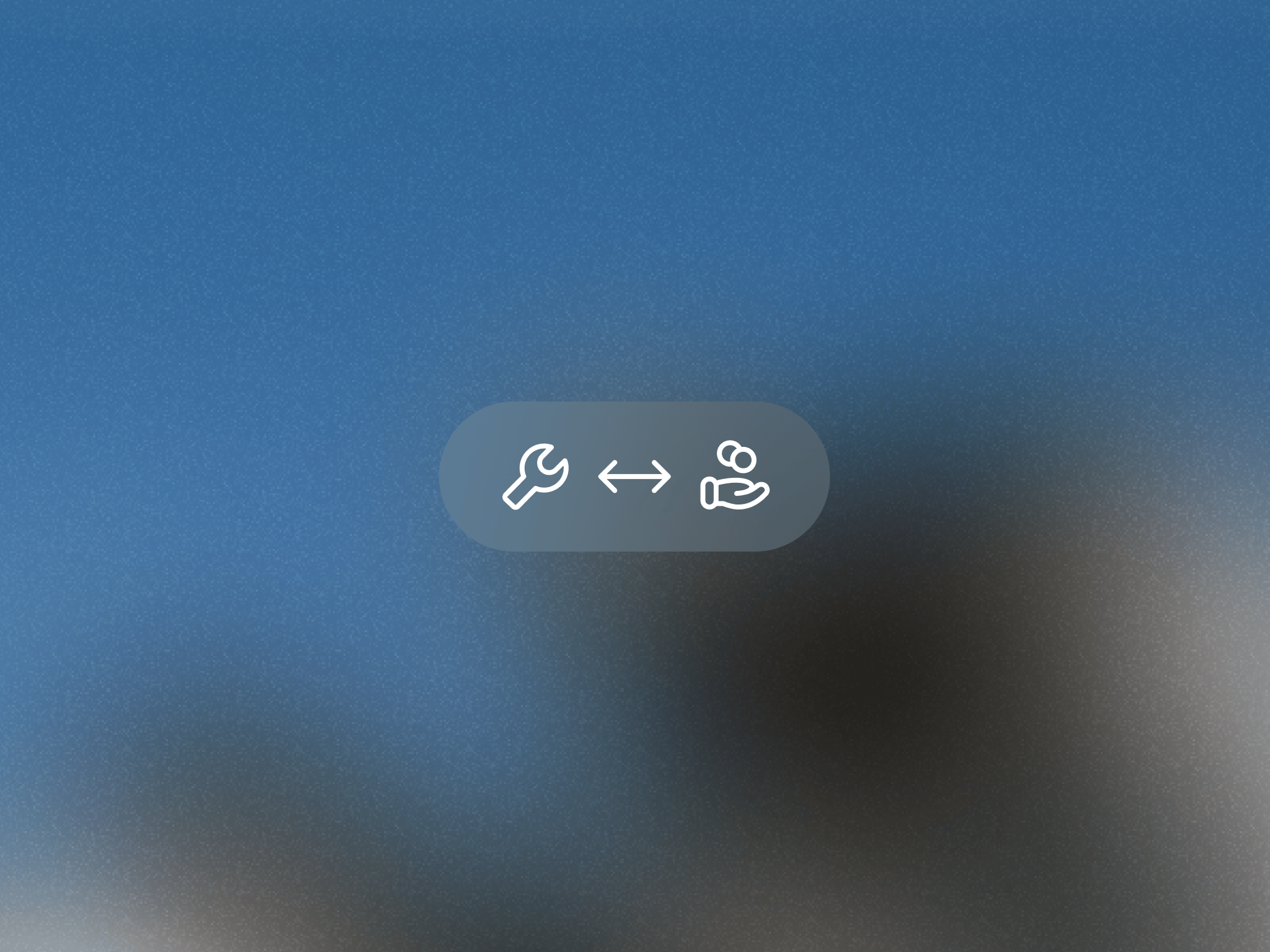 Icon representing the build vs. buy decision: a wrench on the left, a two-coin hand on the right, and a bidirectional arrow between them, over a blurred blue background.