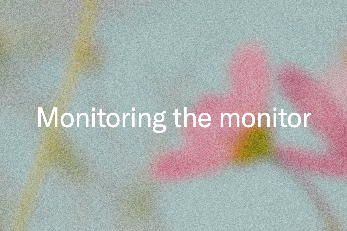 White text reads "Monitoring the monitor" on a blurry blue and pink background.