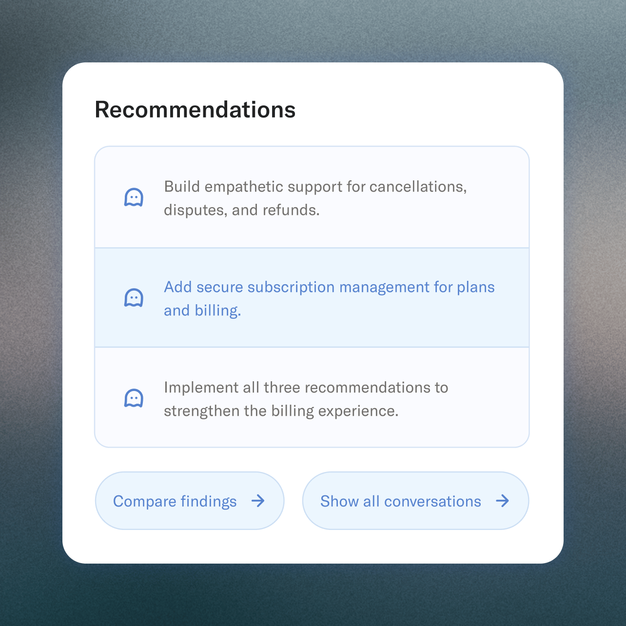 A white card displays 'Recommendations' with three points: 'Build empathetic support for cancellations, disputes, and refunds,' 'Add secure subscription management for plans and billing,' and 'Implement all three recommendations to strengthen the billing experience.' It also has 'Compare findings' and 'Show all conversations' buttons.