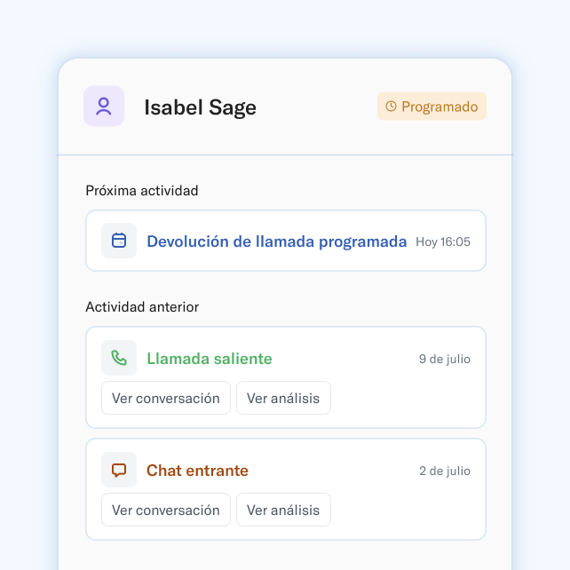A white card on a blue background, that says Isabel Sage at the top, with three sections: Callback scheduled; Outbound call; and Inbound chat