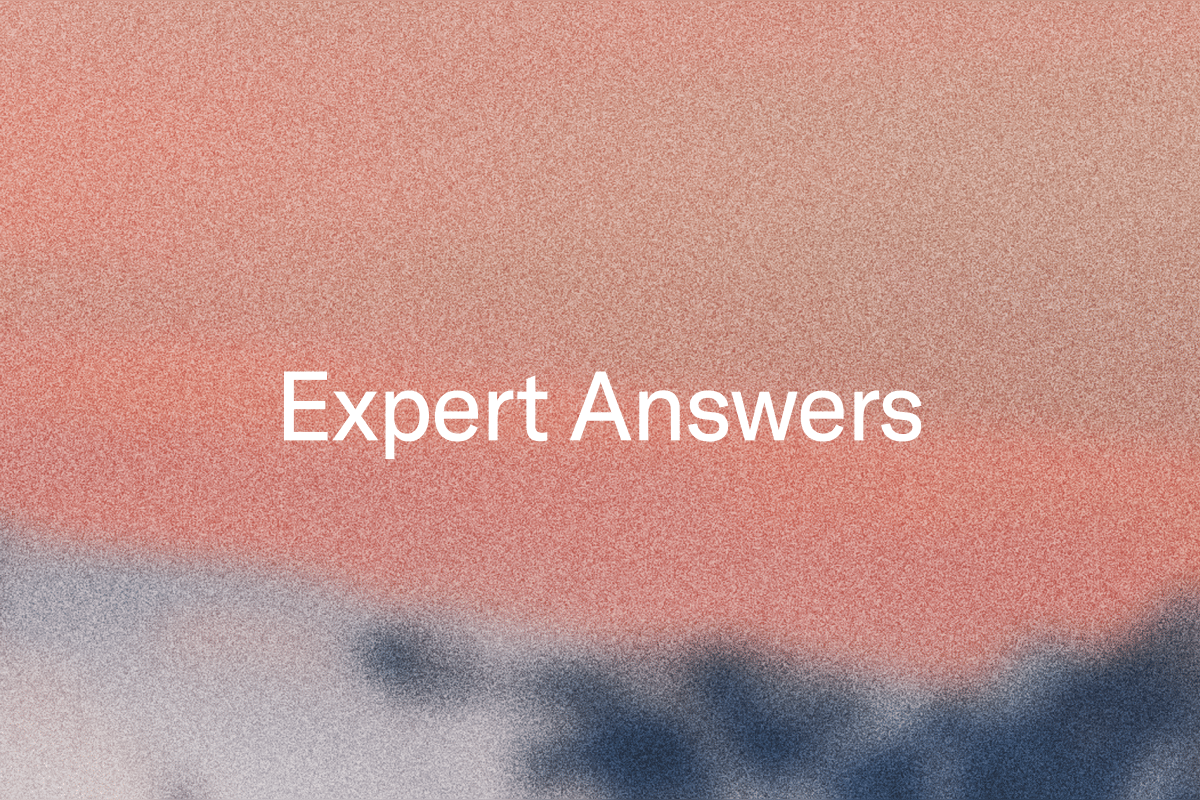 Text: "Expert Answers" on a blurry, grainy peach and blue background.