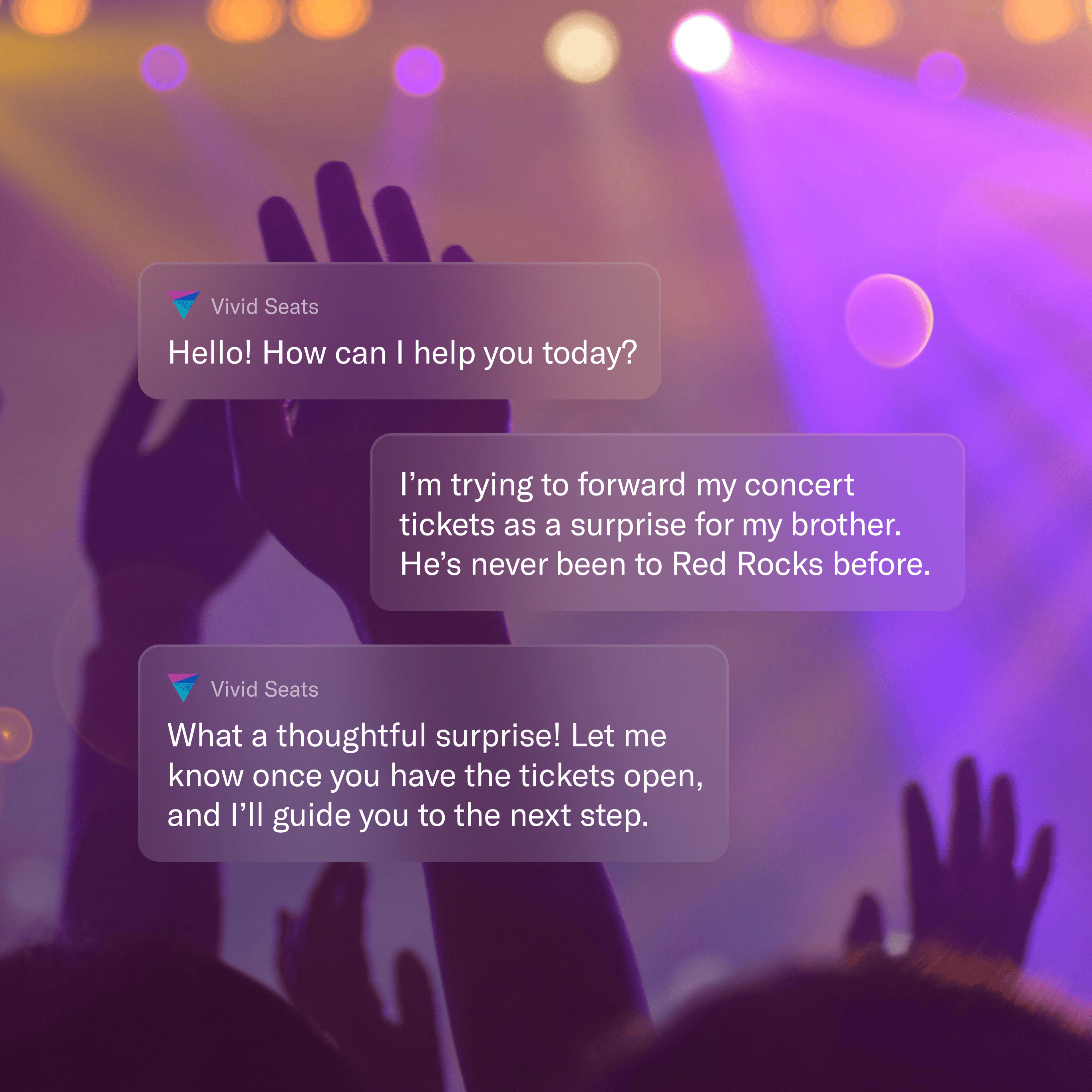 Vivid Seats chat interface over a concert crowd, showing a user asking to forward surprise Red Rocks tickets and support offering help.