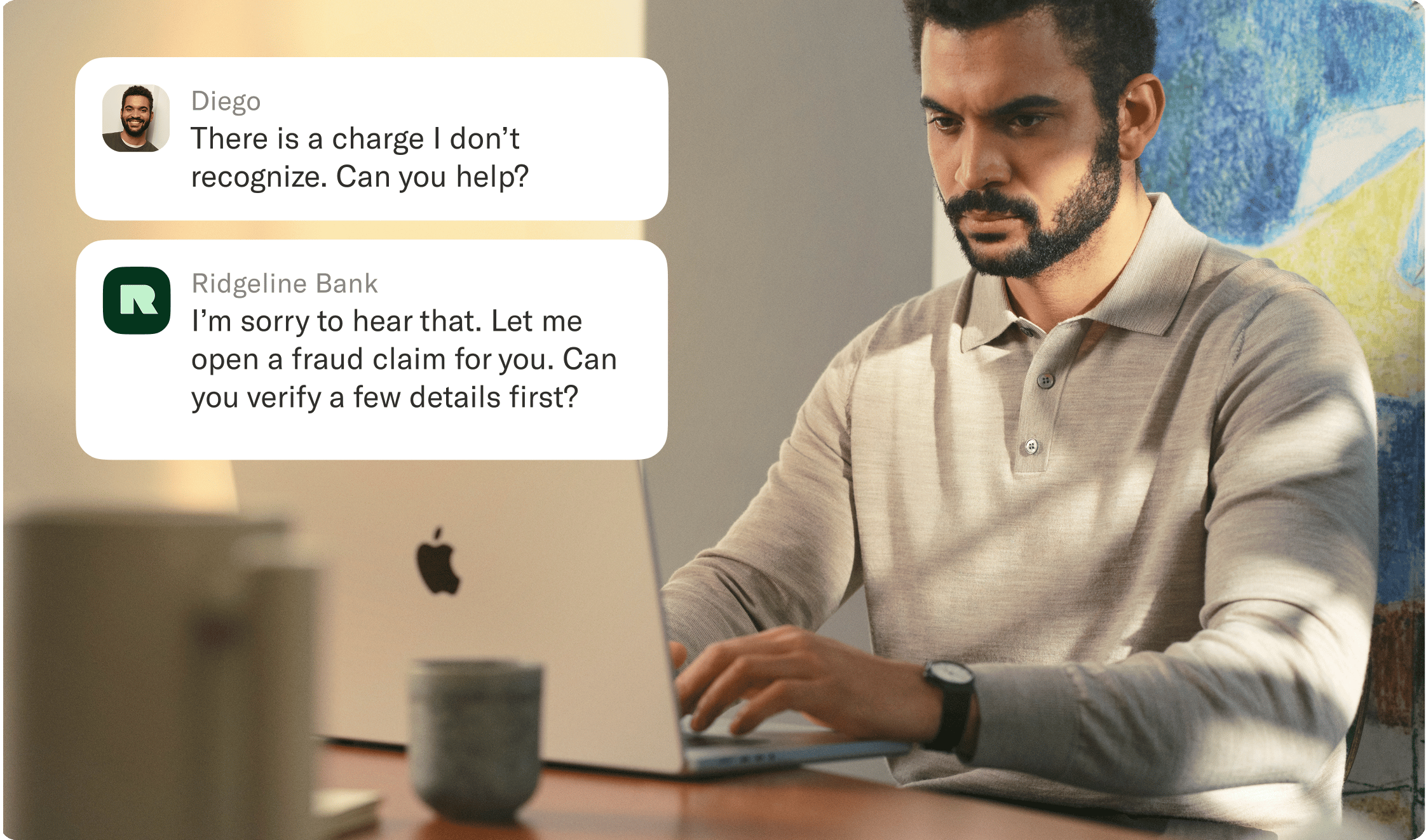 A man sits at a table and types on his computer. Two text bubbles describe a scenario in which the customer is asking his bank about a charge that he doesn't recognize.