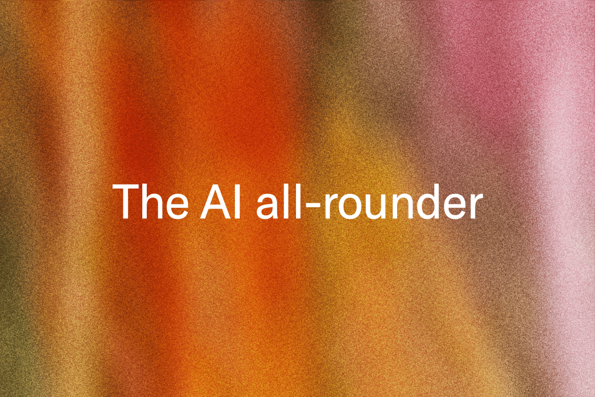 "The AI all-rounder" text on a warm, grainy gradient background.