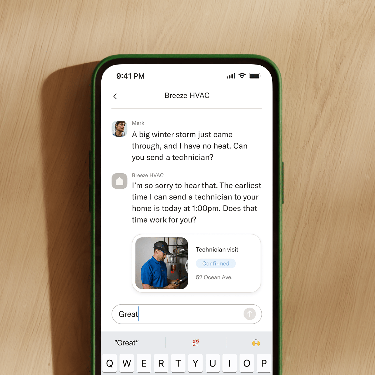 A smartphone screen shows a customer chatting with a service provider's AI agent to book an appointment.