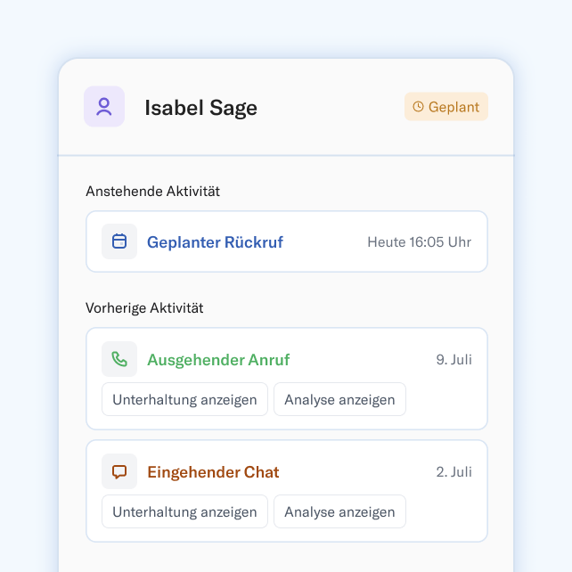 A white card on a blue background, that says Isabel Sage at the top, with three sections: Callback scheduled; Outbound call; and Inbound chat