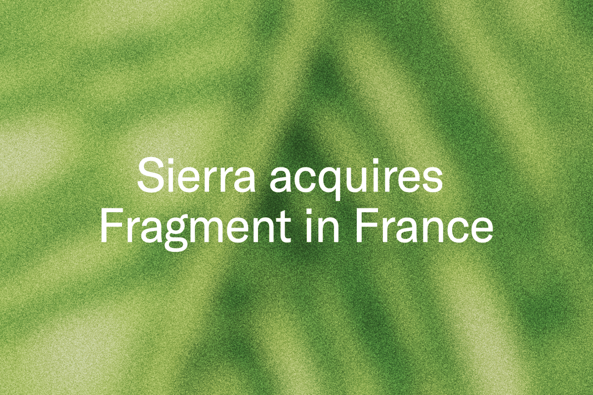 Text: Sierra acquires Fragment in France, over an abstract green background